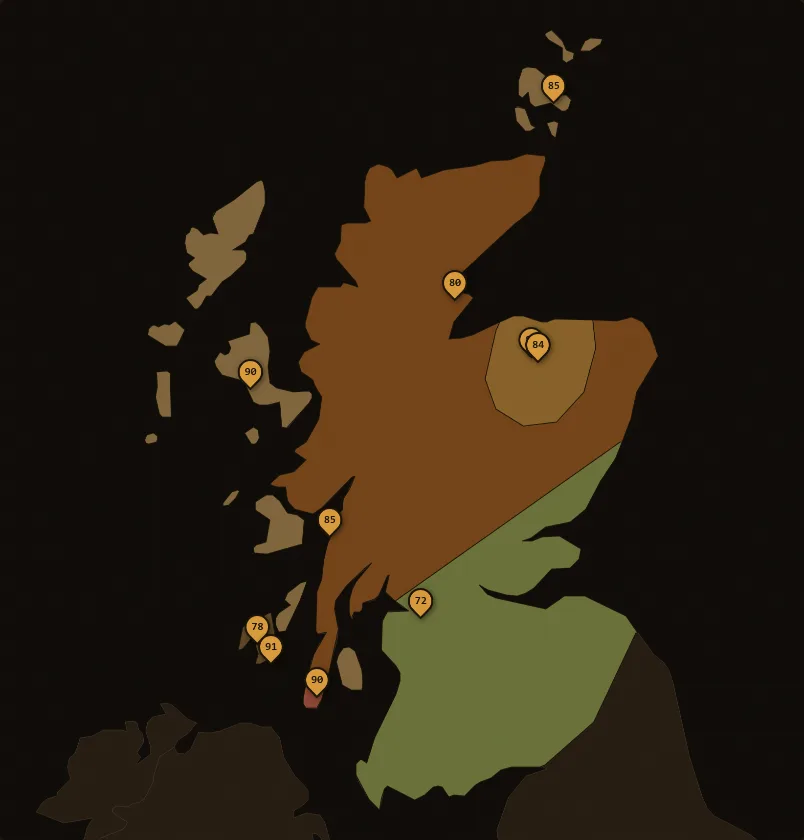 A map of Scotland with a whisky collection pinned across the regions, each pin showing its score.
